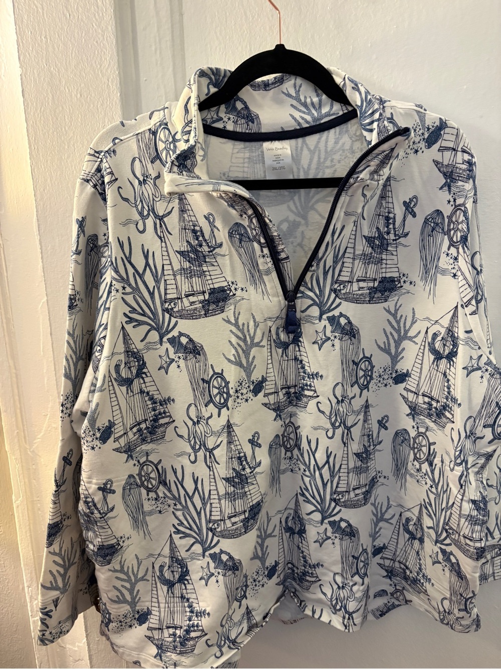 Vera Bradley White & Navy Nautical Quarter-Zip Pullover